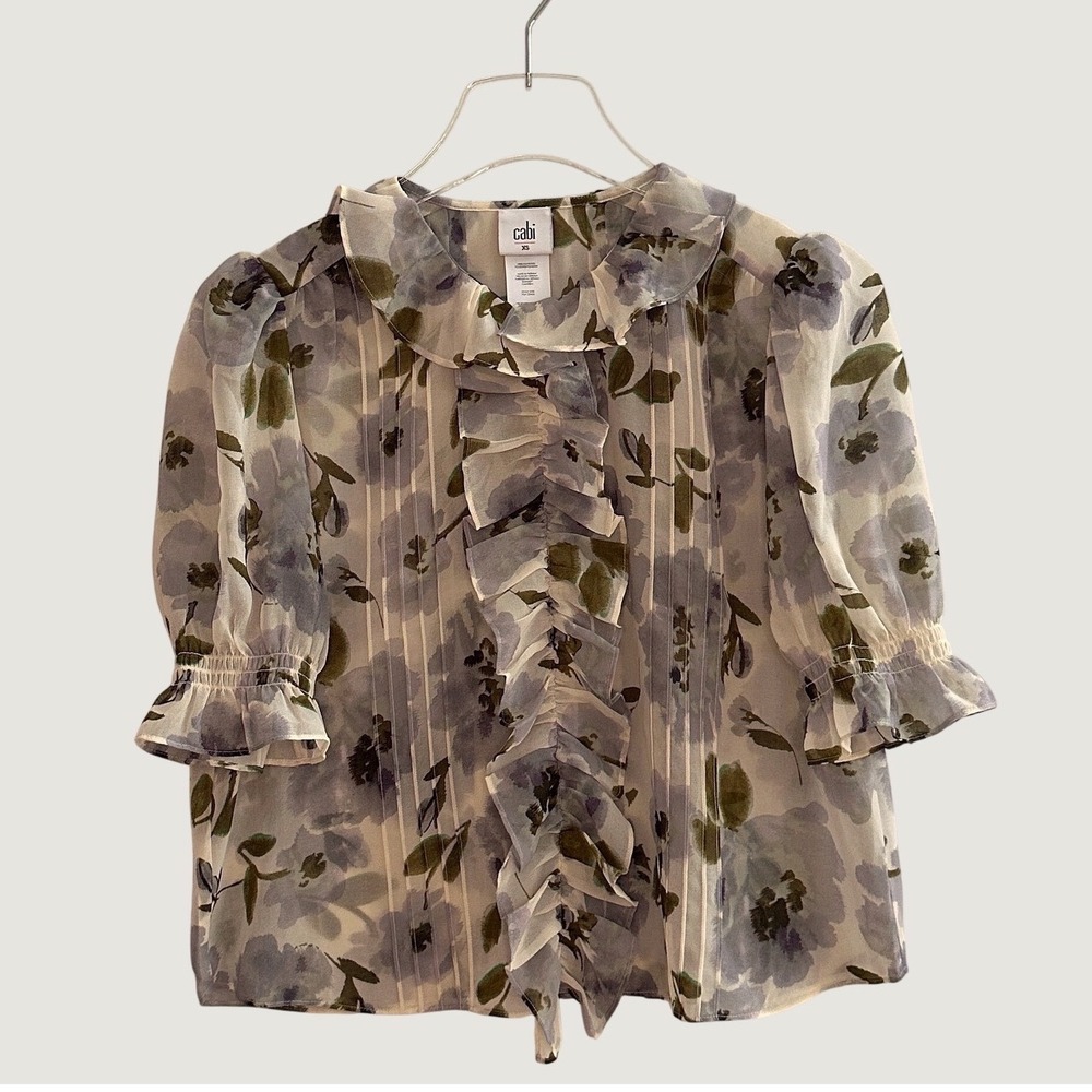 Cabi Garden Blouse Purple Floral Ruffle Pintuck Sheer Top XS